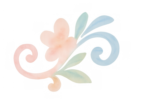 Watercolor floral ornament with pastel colors and swirls, decorative design element on transparent background