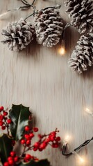Frosted Pinecones and Holly with Christmas Lights background with copyspace