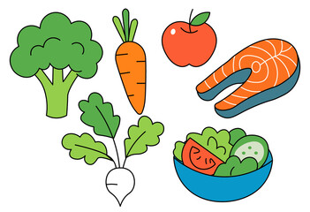 Healthy ingredients set with vegetables, salmon, and fruits for balanced diet and nutrition illustration