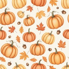 Seamless pattern of pumpkins and autumn leaves on a white background, perfect for fall and thanksgiving decorations