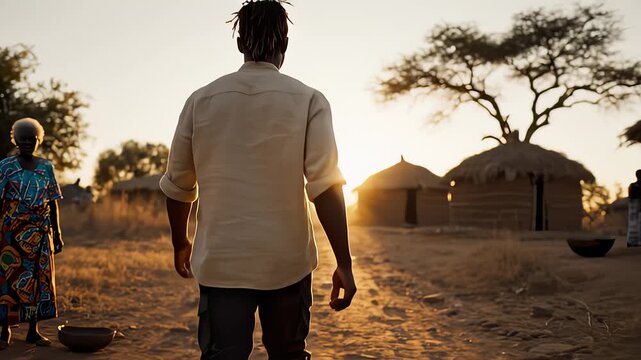 Man With Prosthetic Leg Walks Towards Sunrise in African Village