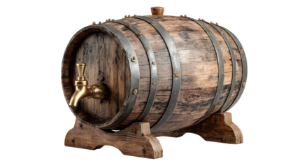Rustic wooden barrel with brass tap for beverage storage or decoration