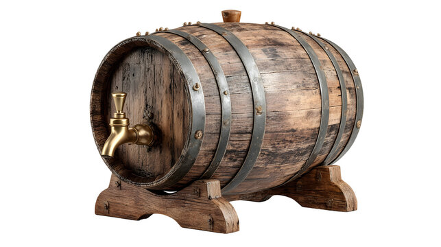 Rustic wooden barrel with brass tap for beverage storage or decoration
