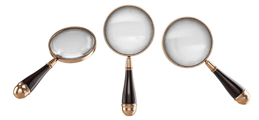 Magnifying glasses with wooden handles, isolated on a transparent PNG background. Optical instrument for magnification, educational purposes, scientific research. Advertising, promotional materials