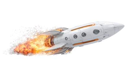 Sleek white rocket launching with fiery exhaust plume for space exploration concept