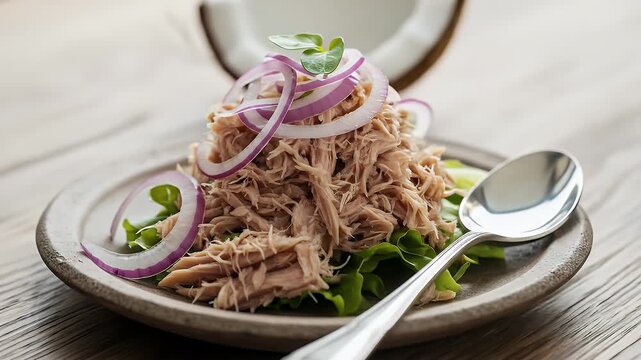 Gourmet Tuna Salad with Sliced Red Onions and Fresh Greens in a Slow-Motion Close-Up