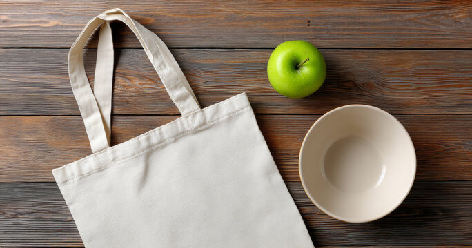 Reusable cotton tote bag with green and empty ceramic bowl on wooden surface for eco-friendly lifestyle concept