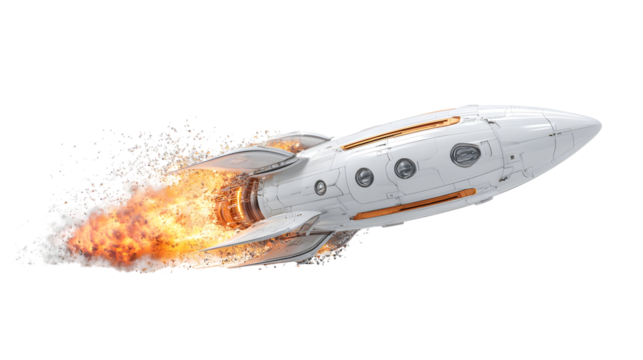 Sleek white rocket launching with fiery exhaust plume for space exploration concept