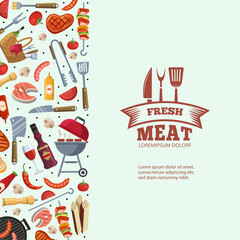 BBQ poster. Ads placard with butchery market products. fresh meat logo