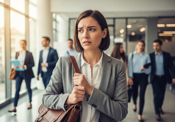 First Day Anxiety:New Beginnings at Work: Nervous Yet Hopeful Employee Faces First Day Challenges in a Busy Modern Office Environment.