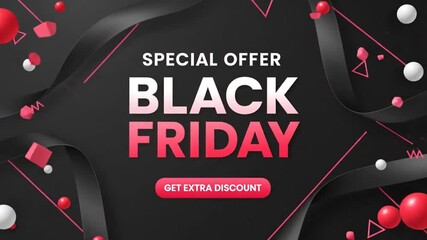 A modern abstract Black Friday Sale banner promotes a special discount offer, featuring vibrant red geometric shapes and floating spheres on a dark background. - Powered by Adobe