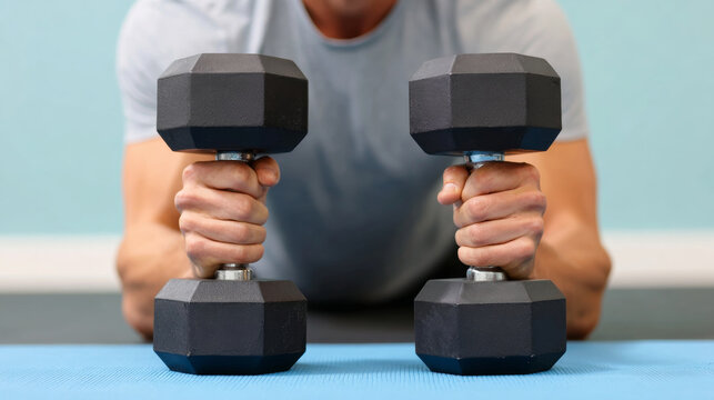 Close-up of person holding two black hex dumbbells on blue exercise mat during workout session indoors