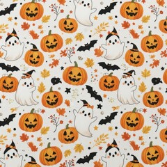 Naklejka premium Cute halloween seamless pattern with ghosts, pumpkins, bats, and autumn leaves on a white background