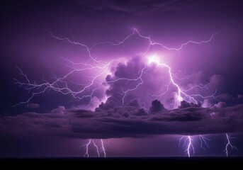 Dramatic purple lightning strikes illuminate a stormy night sky with dark clouds and a hint of the horizon below