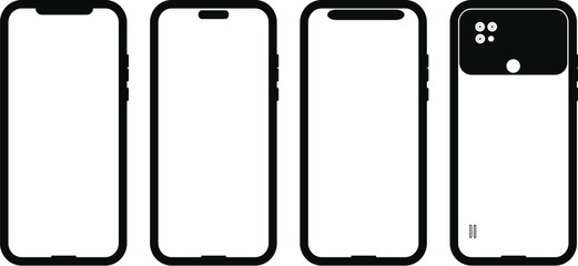 Modern smartphone designs front and back views  collection of four smartphone outlines showing different front and back designs with blank screens and camera modules.