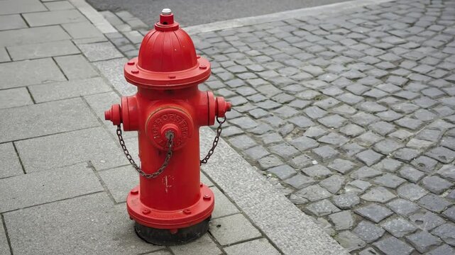 A vibrant red utility hydrant stands boldly on an urban sidewalk, creating a striking contrast against the muted tones of the gray cobblestone street and the adjacent paved walkway. This iconic piece 