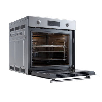 Modern stainless steel built in electric oven with open door isolated on transparent background