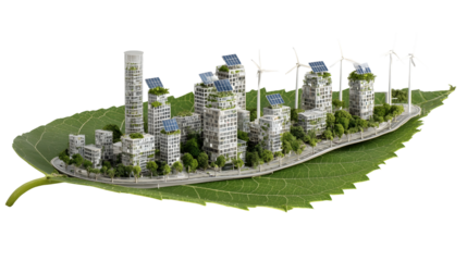 Sustainable eco city on leaf with skyscrapers and wind turbines for green urban design