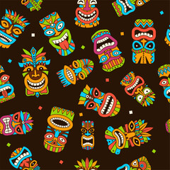 Fototapeta premium Tribal mask pattern. tiki mask collection. vector seamless background