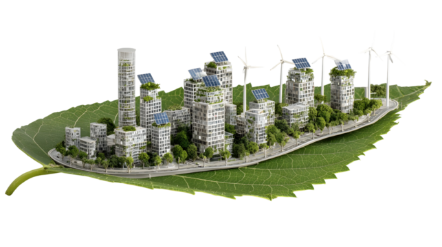 Sustainable eco city on leaf with skyscrapers and wind turbines for green urban design