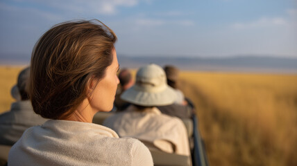 Woman safari wildlife adventure travel nature outdoor grassland vehicle tourism Observing wildlife safari adventure woman enjoys natural beauty and golden grasslands from open vehicle feeling