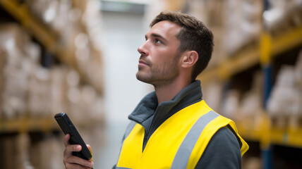Warehouse worker wearing reflective vest using handheld device to update inventory, standing in aisle surrounded by shelves, focused expression, modern logistics environment