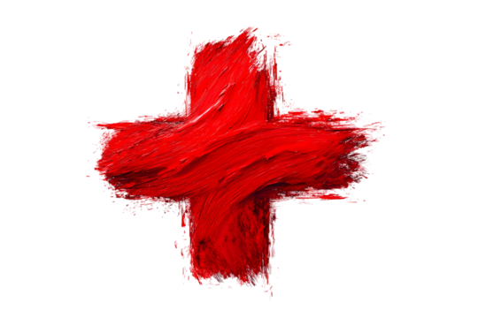 Red cross symbol with uneven brush strokes on black background