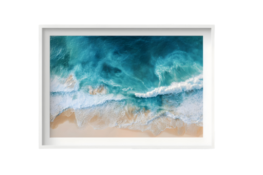 Aerial view of ocean waves gently crashing on sandy beach for coastal serenity design