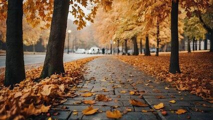 Cute Autumn Path with Golden Leaves Fall Landscape 300 DPI. Beautiful autumn park pathway covered with golden leaves and glowing light. Ideal for background, seasonal banners. AI generated image