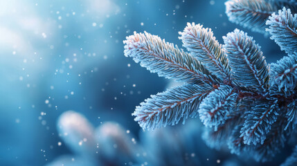 Macro Photography of Frost Covered Pine Needles with Blue Light and Snowflakes