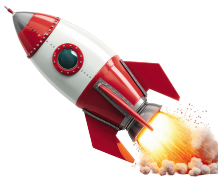 Retro red and white rocket ship blasting off with fiery exhaust and smoke, isolated on transparent background, symbolizing space exploration, speed, and innovation