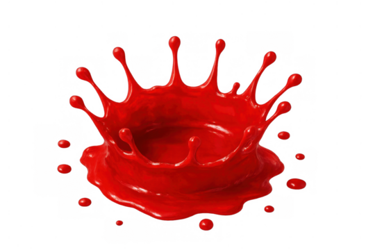 Red paint splash with liquid crown shape creating dynamic motion and abstract fluid art on transparent background