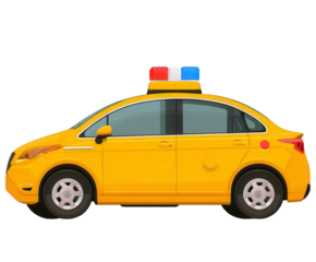 A yellow taxi car with red and blue lights on the roof, isolated on transparent background
