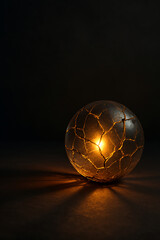 A glowing, cracked sphere casting warm light and intricate shadows on a dark, textured surface.