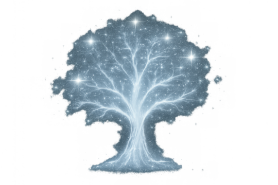 Glowing magical tree representing life, knowledge, and wisdom with shimmering stars, transparent background