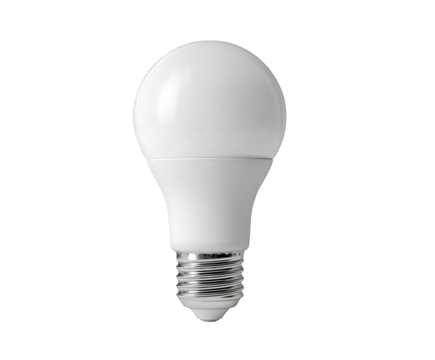 A modern white led light bulb with a standard screw base, isolated on a transparent background, representing energy efficiency and illumination