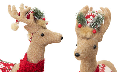 Pair of festive plush reindeer with Christmas accessories