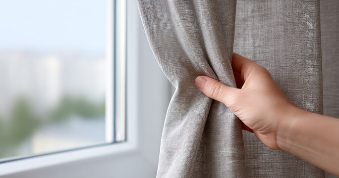 Close-up of hand pulling back beige textured curtain near window with blurred outdoor background in soft natural light