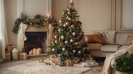 Christmas tree in the home Christmas interior. Beautiful Christmas background. Fireplace Lights Decoration, Hanging Socks. Garland. Gifts. Holiday decor. New Year's card	
