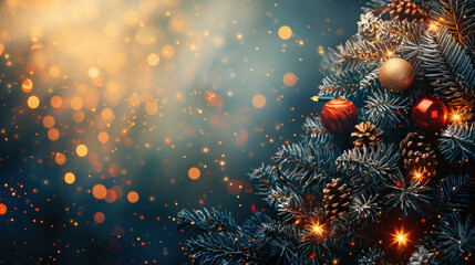 Part of the Christmas tree decorated with aesthetic toys. New Year's background. Christmas decor. Christmas background. Holiday. Decorated Christmas tree. Christmas tree with red balls.