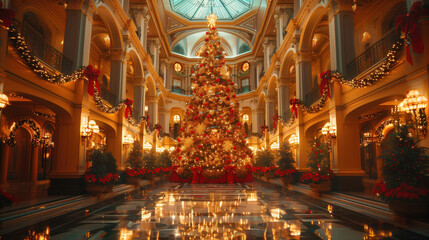 Christmas tree in the home Christmas interior. Beautiful Christmas background. Fireplace Lights Decoration, Hanging Socks. Garland. Gifts. Holiday decor. New Year's card	
