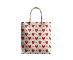 A reusable shopping bag with a pattern of red hearts on a textured offtransparent background, featuring braided rope handles, isolated on a transparent background