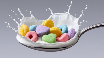 A spoonful of colorful heart-shaped cereal splashing in milk, creating a dynamic splash effect