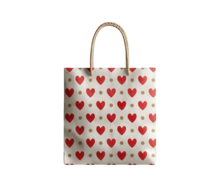 A reusable shopping bag with a pattern of red hearts on a textured offtransparent background, featuring braided rope handles, isolated on a transparent background