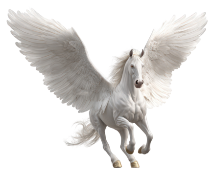 A majestic white pegasus, the mythical winged horse, captured in a dynamic pose with its powerful wings spread wide, isolated on a clean transparent background, symbolizing freedom, power, and fantasy