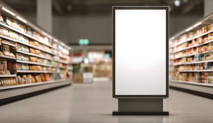 Empty retail store aisle with illuminated advertising display and organized shelves