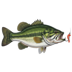 Fototapeta premium A largemouth bass fish lunging to bite a red worm bait on a fishing hook, isolated on transparent background