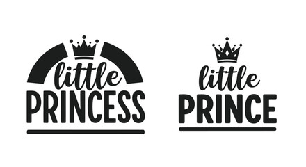 Fototapeta premium Little princess and little prince text with crown graphics isolated on white.