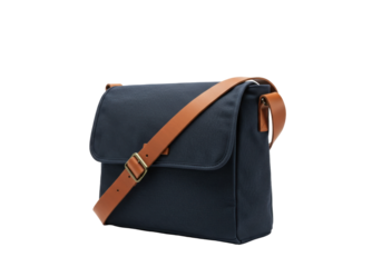 Isolated satchel bag in navy canvas with brown leather strap close up for design mockup