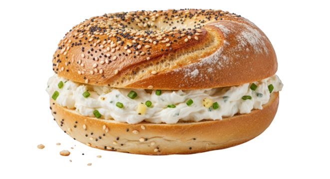 A delicious everything bagel sandwich filled with creamy cream cheese and chives, isolated on a transparent background